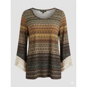 Melissa Paige Boho Geometric Print Top Large Crochet Fringe Bell Sleeve...